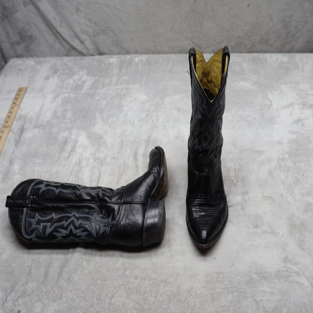 Tony Lama Mens 9.5D Cowboy Boots Black Leather Stitched Western Riding 8521